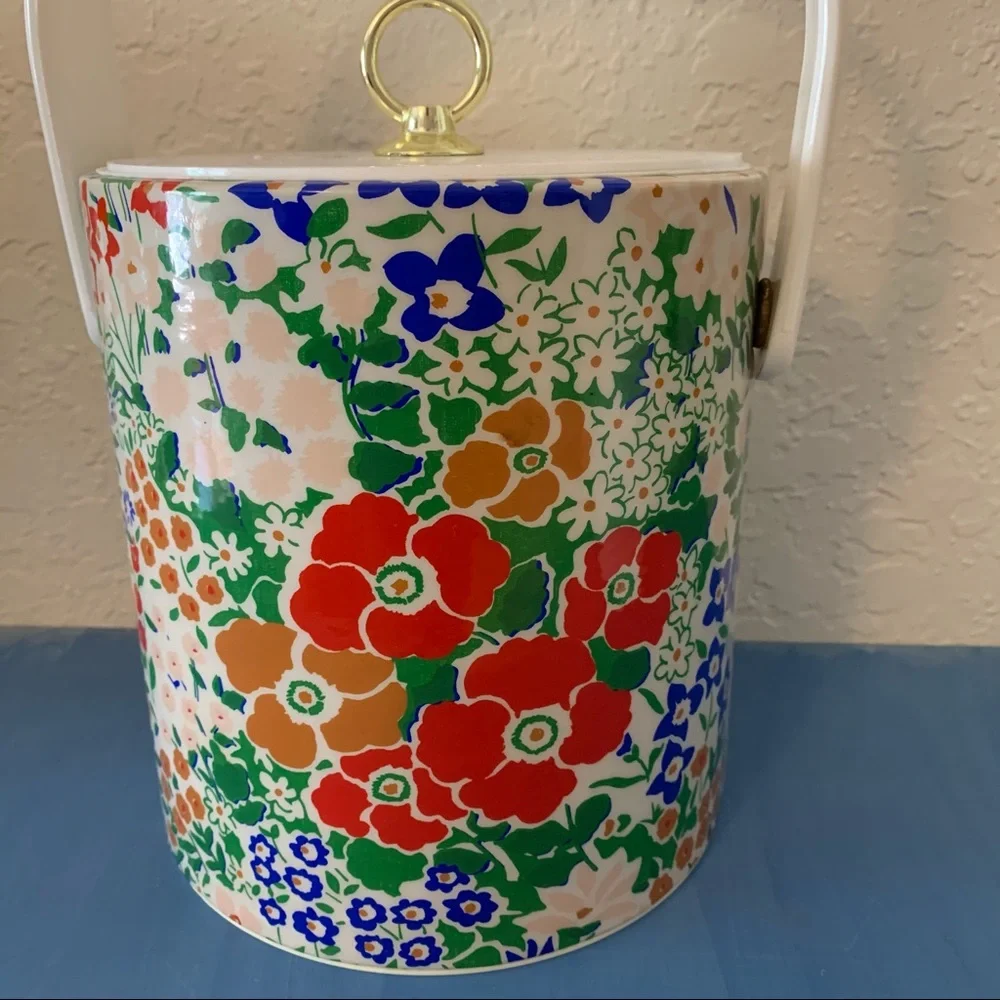 Vintage Multicolor Floral Ice Bucket with Gold Handle